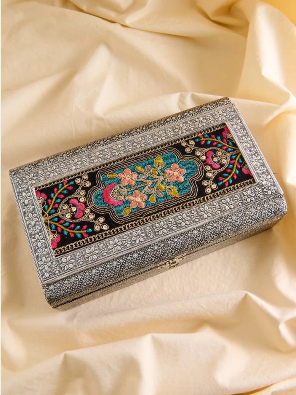 XL Silver Floral Fabric Metal Jewelry Box